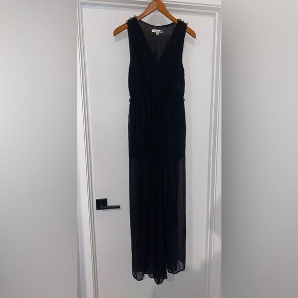 DOUBLE ZERO Sleeveless V-Neck Black Wide Leg Jumpsuit w Gold Toned Accents Small - Picture 1 of 13